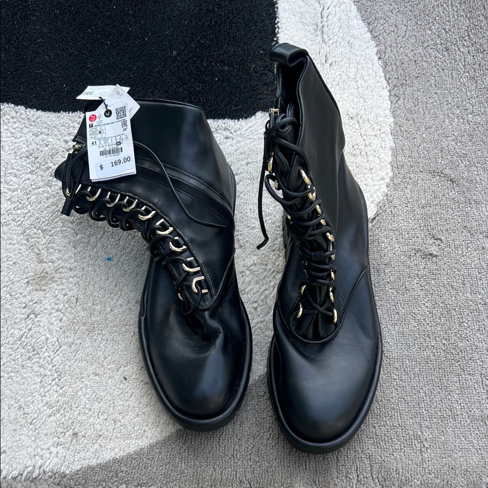 Zara Black Lace-Up Boots with Gold Accents